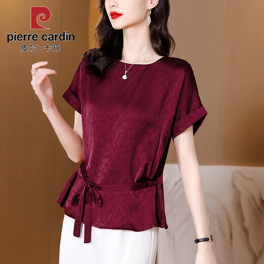 皮尔卡丹（PIERRE CARDIN）提花冰丝衬衫女短袖设计感小众别致上衣夏季女装洋气外穿衬衣 墨绿色 7027# M 【95--114斤】