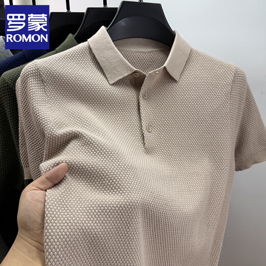 ROMON pineapple stitch knitted short-sleeved T-shirt men's lapel summer 100% cotton polo men's half-sleeved solid color clothes gray XL