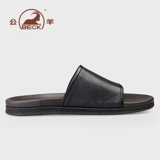 公羊一字拖鞋男高端夏季新款外穿真皮软皮软底男士凉拖 黑色  40 