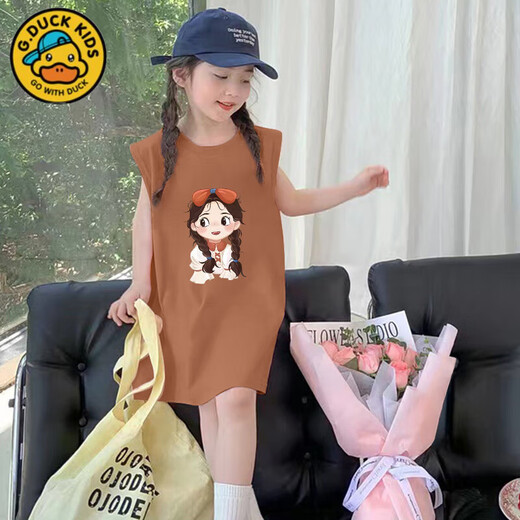 G. DUCKKIDS girls' dress summer new pure cotton vest dress fashionable medium-sized children's sleeveless little girl straight skirt thin vest dress 902#-brown brown 140 (recommended height 130-f