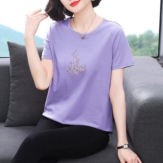 梦特娇（MONTAGUT）妈妈短袖t恤女2025夏装新款洋气小衫中老年宽松大码体恤上衣 香芋粉色727款 均码 m建议95-105斤