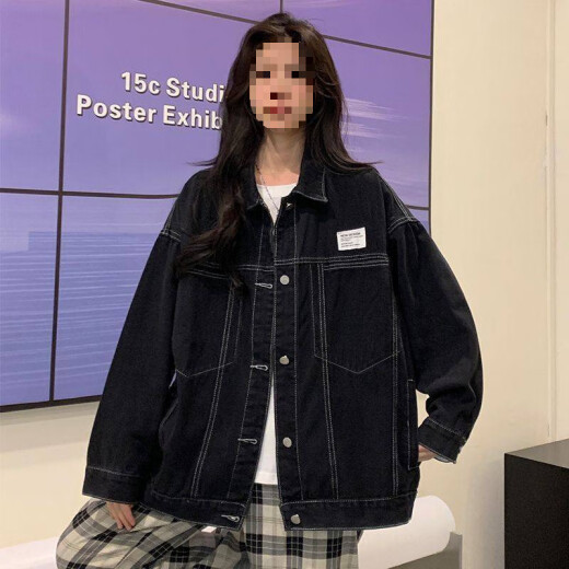 Gtyuwvg Jeansjacke für Frauen Frühling und Herbst koreanische Stil Lose Denim Jacke Fette MM Hatless Jacket Trendy Top Jacke Denim Kleidung 9926# Black S Empfohlen 80-100jin [Jin ist gleich 0,5 kg]