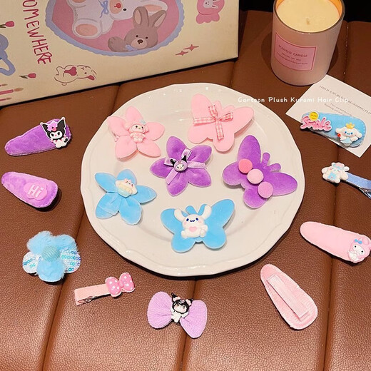 Cartoon Jade Hunde Mädchen Haarnadel Herbst und Winter Plüschbalken Seitendekoration Süßes Kinder Kulomi Haarzubehör Q683 Pink Melody 10-Stück Set