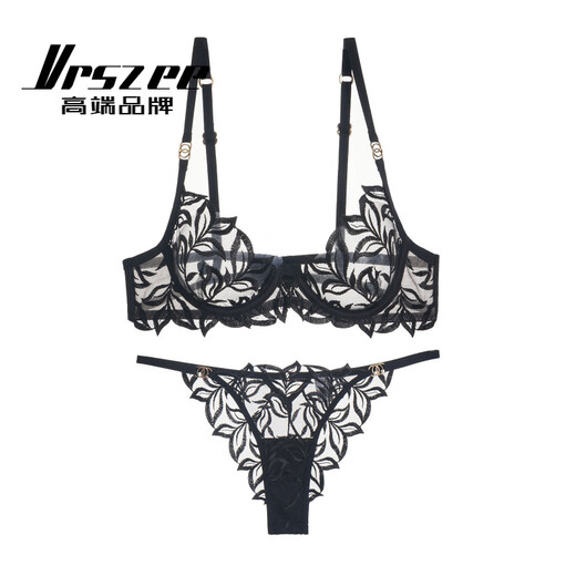 VRSZEE high-end brand underwear women's hot sexy pure desire temptation bra set lace thong underwear bikini black + thong M