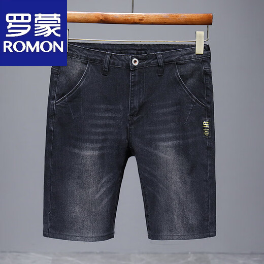 ROMON 2025 Nuevo verano pantalones cortos de mezclilla delgada de verano de cinco puntos sueltos rectos rectos de media pantalones casuales versátiles versátiles 671 azul gris + 671 negro 36 (2 pies 8)