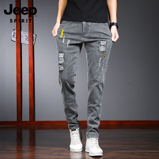 JEEP SPIRIT吉普破洞牛仔裤男士夏季薄款弹力修身小脚时尚潮流痞帅休闲长裤子 6636灰色【1条装】 29 【腰围2尺2】