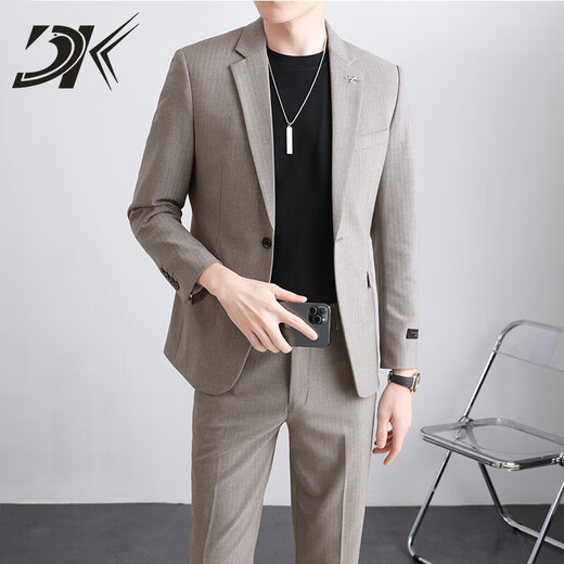 DK high-end men's casual suit suit men's jacket slim fit Korean style trendy groom's wedding suit two-piece set brown gray jacket + pants M
