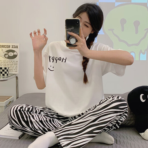 阁系少女睡衣短袖长裤夏季初中学生女孩小兔子大童可爱15动漫13岁 6623#小熊口袋 M 【65-90斤】