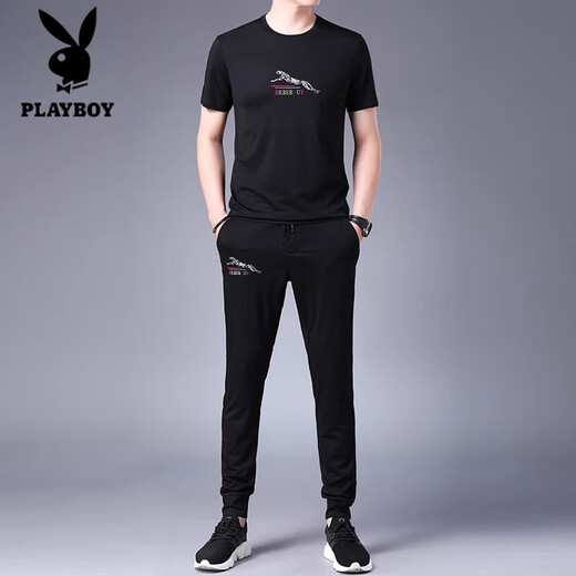 
Playboy high-end summer short-sleeved suit men's mulberry silk screen printed T-shirt fashion Korean style fashion casual sports two-piece set 9227 black 4XL 190