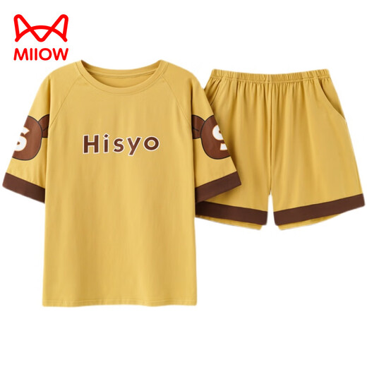 Catman (MiiOW) pajamas for women, summer pure cotton, cute Korean style student short-sleeved thin loose two-piece set Spring and autumn home clothes can be worn outside. Gold GXT6630 color M (recommended 75-95Jin [Jin equals 0.5 kg])