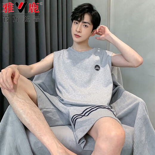 雅鹿睡衣男士夏季纯棉新款背心短裤休闲运动家居服套装大码无袖夏天 OMM-13063 L (100-125斤)