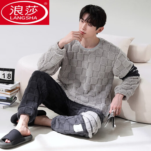 浪莎（LangSha）珊瑚绒睡衣男冬季加厚加绒秋冬款长袖法兰绒男孩青少年家居服套装 RK:12014#男 L (100-130斤)