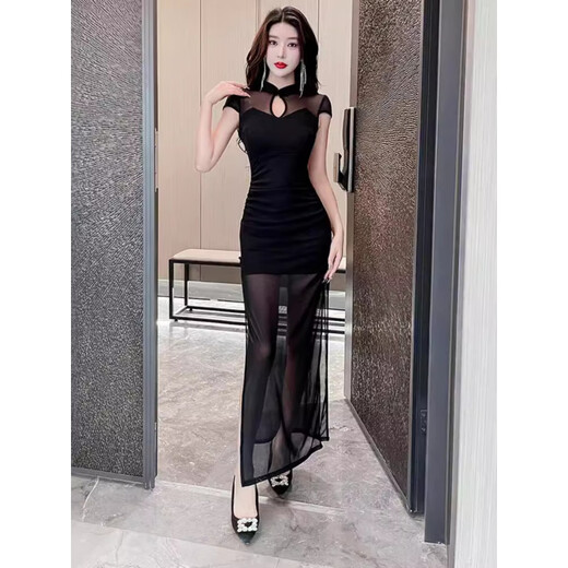 萦弗按摩技师工作服蕾气质柔式沐足spa性感长款晚礼服遮肚ktv佳丽裙 3883黑色 S (建议90斤以内穿)
