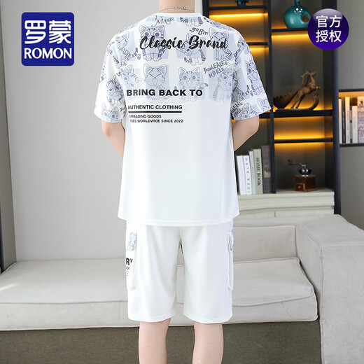 罗蒙（ROMON）2025夏季新款短袖t恤套装男青年短裤休闲运动两件套渐变色男装 6187蓝色 M