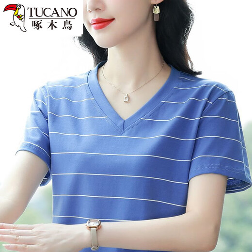 
Woodpecker Summer 2025 New Striped Cotton Short-Sleeved T-Shirt Women's Top Half Sleeve Middle-aged Mother Loose Large Size Slimming 838 Green M Recommended 90-105Jin [Jin equals 0.5 kg]