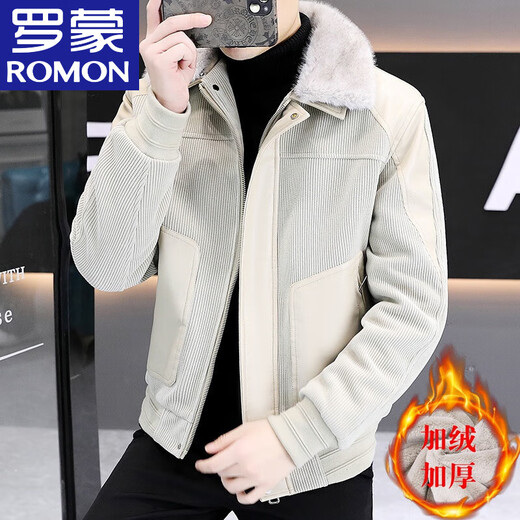 ROMON men's woolen plus velvet thickened leather jacket, removable fur collar, color-blocked sherpa jacket, handsome and fashionable leather jacket, off-white L, refer to around 110-125