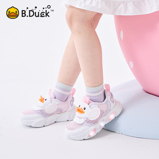 B.Duck小黄鸭儿童鞋男童运动鞋2025夏季新款小童亮灯鞋发光宝宝鞋子网面 831女童粉白（夏季单网透气款） 24 码 适合脚长14.4-14.9cm