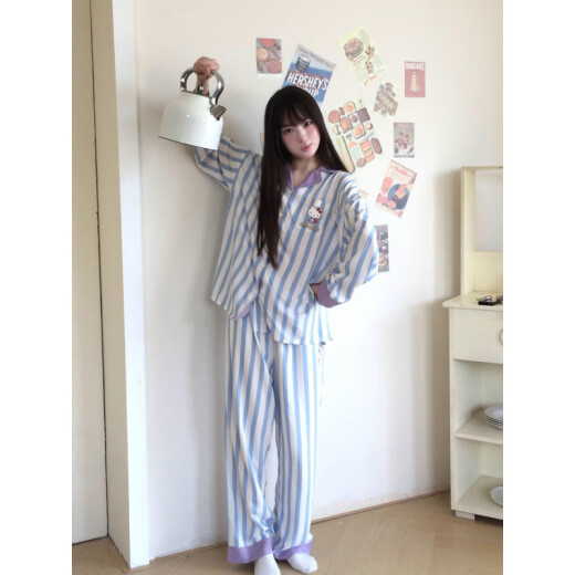
Opeodly striped hellokitty pajamas for women in spring and autumn new long-sleeved Japanese cartoon cute girl's home clothes can be worn outside 9207-Pink striped Katie [Set] S [Suggested weight 80-95]