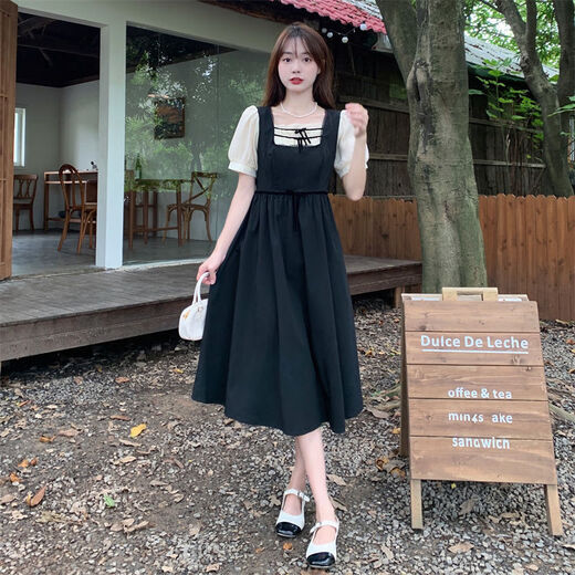 茉衣雅（MOYIYA）【1098人好评】大码赫本风假两件小黑裙女2023夏季新款微胖mm法式 感小黑裙 L 建议98-118斤斤