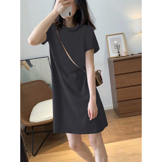 
CEENIU2025 summer new pure cotton short-sleeved T-shirt women's skirt loose casual H-style temperament small dress 6173 dark gray [dress] (orange print) S 80-100Jin [Jin equals 0.5 kg]