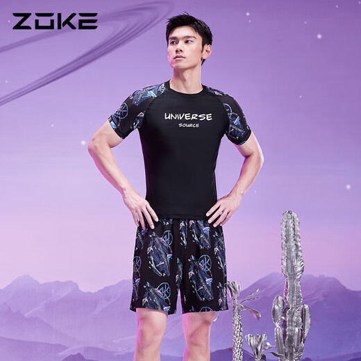 洲克（ZOKE）新品男士泳衣分体长袖防晒情侣温泉短袖冲浪衣五分两件沙滩裤 沙滩裤黑灰水黑平角 12350 2XL