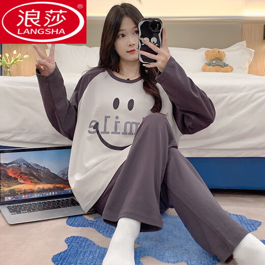 浪莎（LangSha）睡衣女春秋季长袖套装夏天2025新款女士简约可爱宽松秋款家居服 16802 M 【75斤-100斤】