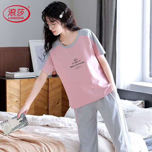 浪莎睡衣女夏季短袖套装宽松春夏天可外穿家居服520情人节礼物 短袖七分裤679 M 建议80-98斤穿