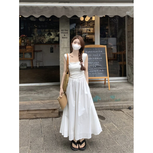Vestido de chaleco sin mangas sin mangas de Muni 2025 NUEVO TEMPERAMENTO DE MUJER COLLA MUJER La cintura abrazada y las vacaciones adelgazantes de las vacaciones largas Falta del cuello cuadrado francés [blanco] M tamaño [sugerido 85-110Jin [Jin iguala 0.5 kg]]]