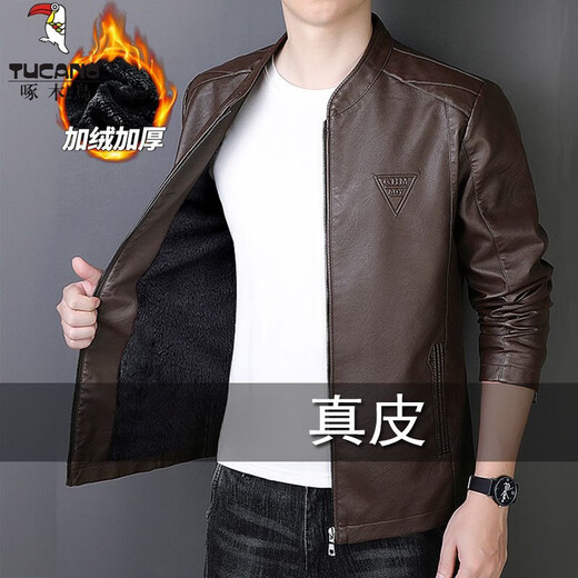 Woodpecker (TUCANO) men's brand high-end official 2025 new Haining genuine leather jacket men's slim-fit stand-up collar goatskin jacket casual pure black strong and soft spring and autumn style XL 180 recommended 125-140 Jin Jin equals 0.5 kg