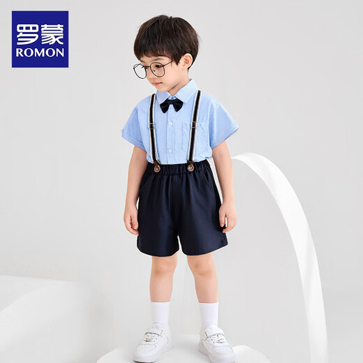 罗蒙男童小西装背带套装男宝周岁生日花童礼服儿童演出服 藏青色120