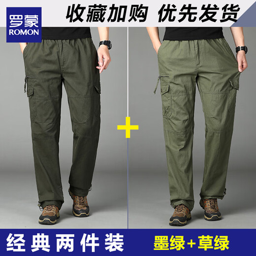 Luo Meng Overalls Men's Pure Cotton Autumn New Style Young and Middle-aged Pants Loose Straight Men's Casual Pants Outdoor Wear-Resistant Men's Pants J18 Dark Green Single Piece XL About 140-160 Jin Jin is equal to 0.5 kg