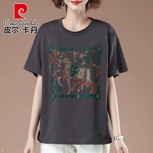 皮尔卡丹（pierre cardin）胖肥显瘦短袖T恤女士夏季大码宽松百搭烫钻中年妈妈时尚薄款上衣 黑色【9896款】 L 100-115斤