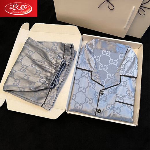 Langsha Ice Silk Pajamas Summer Men's Teen Short Sleeve Cardigan Home Suit Thin Summer 2025 New Set 673 Jacquard Black GG Black 3XL