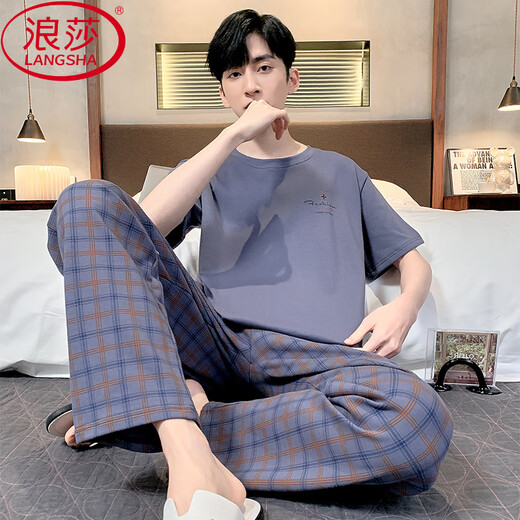 Langsha (Langsha) Pure Cotton Herren-Pyjamas kurzärmelige Hose losen lässiger Anzug Sommer Dünner koreanischer Stil mittleren Alters und junger Herrenhauskleidung H9928 (Kurzärärmel-Shorts) [Counter-Flaggschiff-Qualität] L (Empfohlen 90-110jin [Jin entspricht 0,5 kg]))