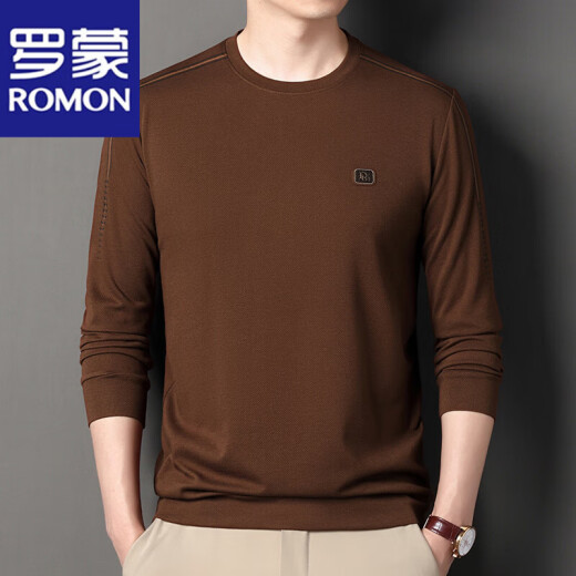 
ROMON high-end brand men's 100% pure cotton long-sleeved T-shirt 2025 round neck Jimo sweatshirt men's autumn anti-wrinkle base shirt 6625 Haqing 2XL 180 suggestions 155-170Jin [Jin equals 0.5 kg]