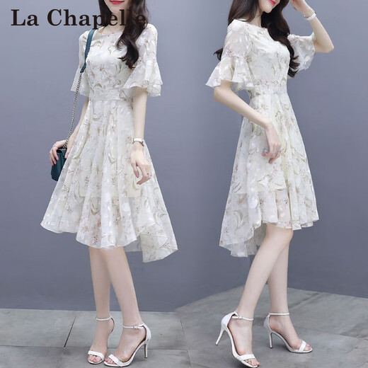 拉夏贝尔（La Chapelle）短袖雪纺连衣裙女装2025年夏季新款韩版小个子中长款沙滩裙子春天 米白色 M 【建议95-105斤左右】