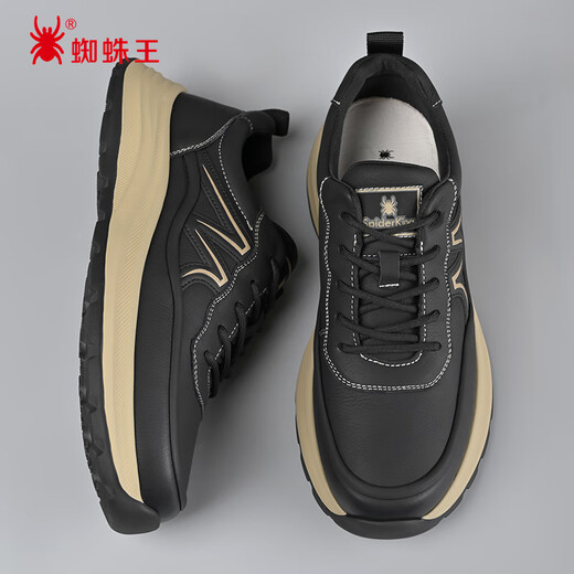 SPIDERKING Casual Shoes Men's Spring and Autumn Thick-soled Business Casual Sports Leather Shoes Breathable, Comfortable and Versatile Black 40