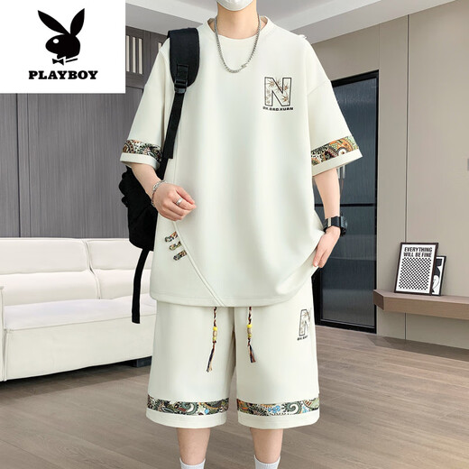 花花公子（PLAYBOY）2025年夏季新款中国风时尚休闲男士套装圆领短袖T恤短裤两件套潮 【短.袖套装】6195 绿色 XL (建议130-145斤)