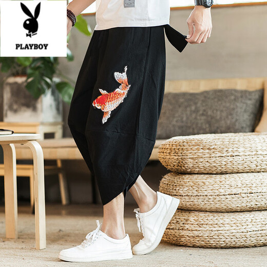 花花公子（PLAYBOY）夏季亚麻阔腿七分裤男士宽松短裤潮流沙滩哈伦裤休闲裤中国风裤子 灰色【刺绣】 4XL