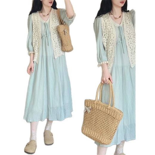 Buntes Edelstein Sommer französische Hohlkleide-Spitzenkleid zweiteiliger Set 9758 Hellgrünes Kleid L [Vorgeschlagen 101-120jin [Jin ist gleich 0,5 kg]]]