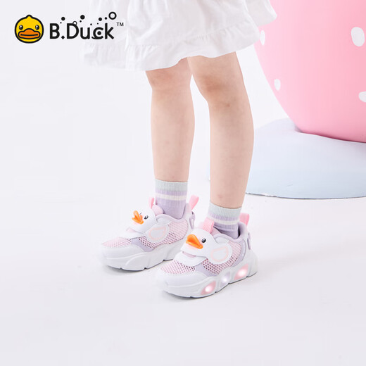 B.Duck小黄鸭儿童鞋男童运动鞋2025夏季新款小童亮灯鞋发光宝宝鞋子网面 831女童粉白（夏季单网透气款） 24 码 适合脚长14.4-14.9cm