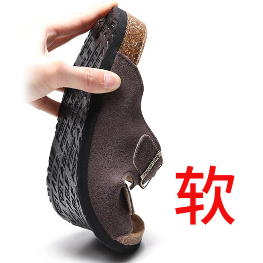 UETEEY软木拖鞋女夏外穿时尚百搭防滑情侣牛I皮一字拖鞋度假沙滩鞋15618 109咖啡色 35