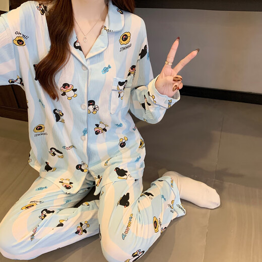 S.Sofea Little Penguin Wavy Stripe Langarm Pyjamas Frauen können Hauskleidung für Hauskleidung für den Frühlingsstil im Freien tragen.