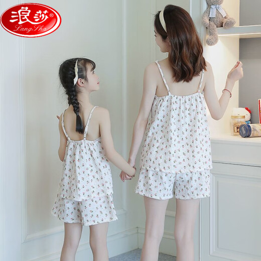 LangSha (LangSha) girls pajamas, parent-child mother-daughter suspender vest shorts suit summer thin cotton gauze big boy girl princess [pure cotton gauze] LD11303# Xingcuihua M 8 size [suggested height 95-105c]
