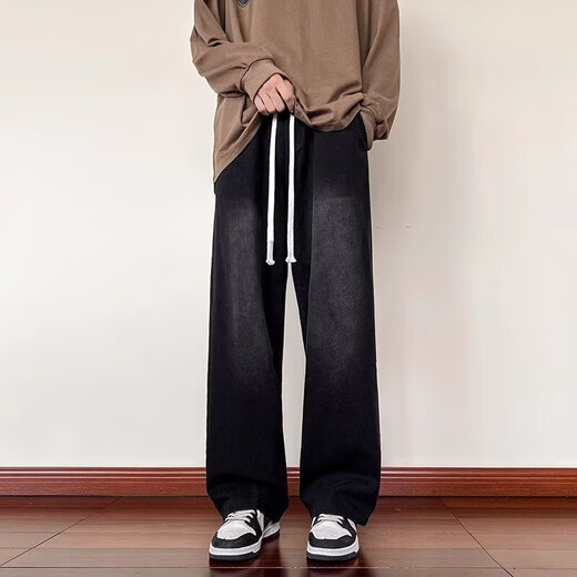 画枕眠（HUAZHENMIAN）美式高街复古工装牛仔裤男阔腿宽松直筒微喇vibe裤子2025夏季新款 黑色 D759 XL