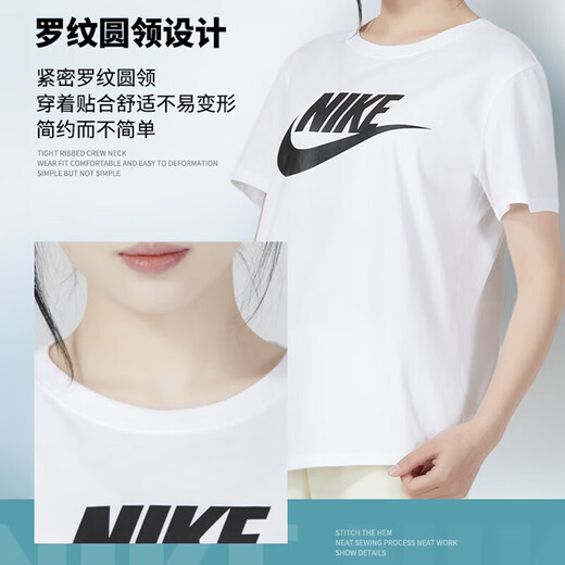 Nike (NIKE) women's big hook contrasting color sports suit 2025 summer jogging fitness training suit trendy casual clothes pure cotton white short-sleeved T-shirt top L