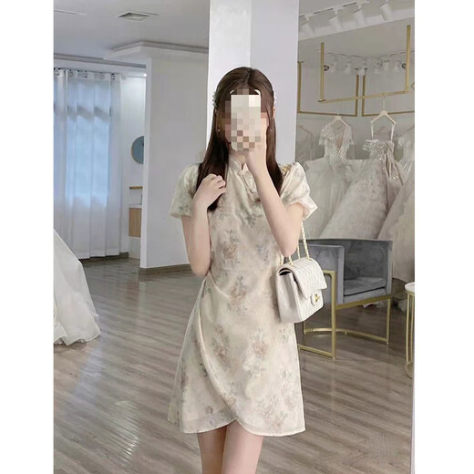 荣西图（RONGXITU）夏季法式复古旗袍连衣裙女短袖气质 838米白 M