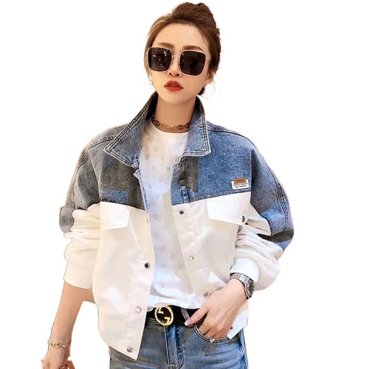 FHHUABD抖音牛仔外套女春秋新款拼接绣花撞色牛仔衣服女装夹克潮 9926#图片款【蓝色】 M 【建议101--115斤】