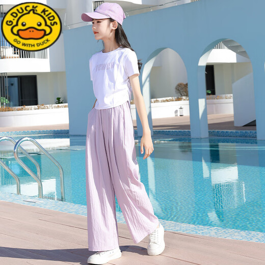 G.Duckkids Little Yellow Duck Girl Girl Summer Anzug Kinder kurzärmelige Hosen Mode mittelgroße Kinder-Sommeranzug lässige Mädchen Mode 9889 Weiß + 15106 Lila [Set] 170 cm