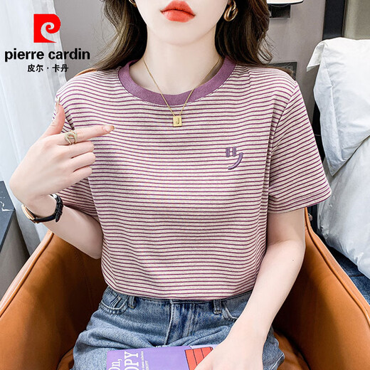 
Pierre cardin striped short-sleeved T-shirt for women loose Korean women's clothing 2025 summer new versatile T-shirt round neck half-sleeved top Red 9928 S Recommended 80-95Jin [Jin equals 0.5 kg]